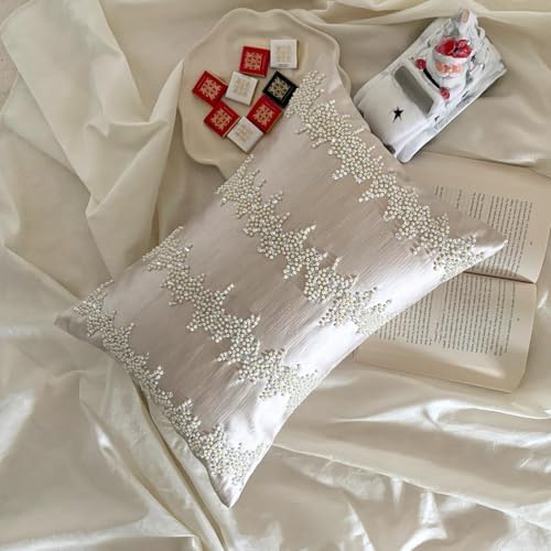 Ivory Decorative Lumbar Pillow Cover 12" x 18" | Modern Satin Oblong Cushion Cover Abstract | Pearl And Crystal Hand Embroidery Pillowcases for Bed, Couch & Sofa, Modern Home Décor - Pearl Enigma - Image 3