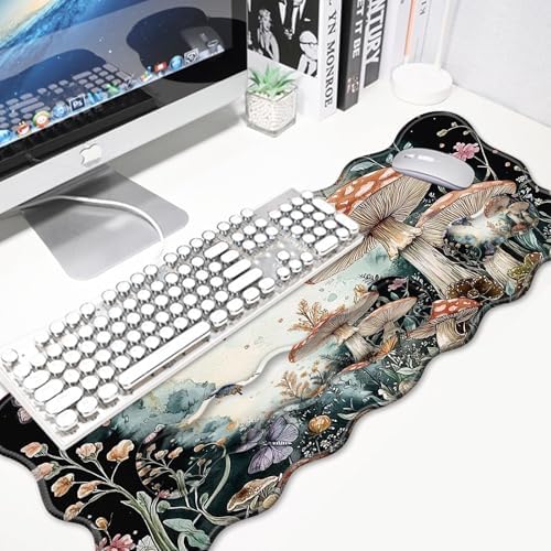 4 in 1 Desk Mat Set,Mouse Pad with Keyboard Wrist Rest,Wave-Shaped Design,Non-Slip Rubber Base,Waterproof,for Home,Office,Gaming,Mushrooms and Butterflies - Image 3