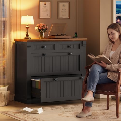 SEDETA 4 Drawers File Cabinet, 33" Farmhouse Filing Cabinets for Home Office fit Legal/Letter/A4 File, Wood Office File Cabinet with Power Outlets, Printer Stand with Storage, Black+Brown - Image 3