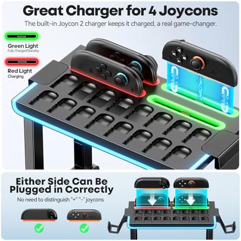 Switch 2 RGB Organizer Station with Controller Charging Dock, Switch 2 Storage Stand, Joycon 2 Charger, Gaming Accessories Holds TV Dock, 16 Game Cases, 16 Game Cards and 2 Pro Controllers - Image 2