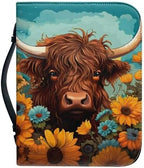 Highland Cattle Print Bible Cover Sunflowers PU Leather Bible Carrying Case for Church Zippered Book Bible Protector with Top Handle by Glomenade
