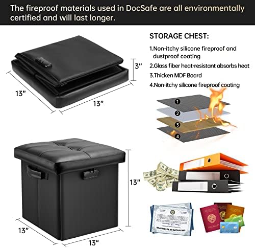 DocSafe Storage Ottoman with Lock,Fireproof Folding Ottoman Foot Rest Stool Storage Chest with Storage Safe for Important Documents,Waterproof 13 Inches Short Ottoman Foot Stool with Handles,Black - Image 3