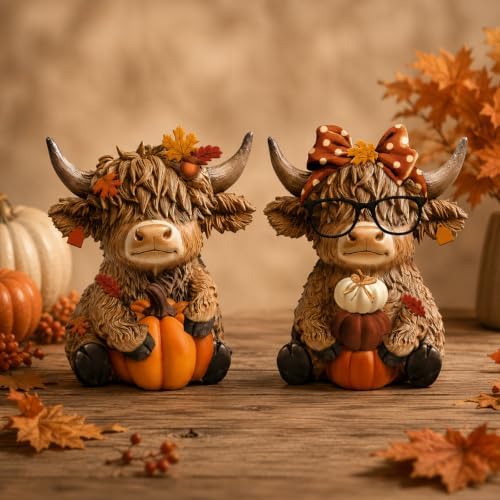 Karenhi 2 Pcs Fall Highland Cow Figurines Resin, Autumn Tabletop Decor - Image 2