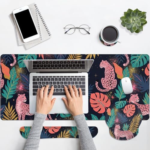 Arttown Keyboard Mouse Pad Set, 4 in 1 Desk Mat Set Leopard Tropical - Image 7