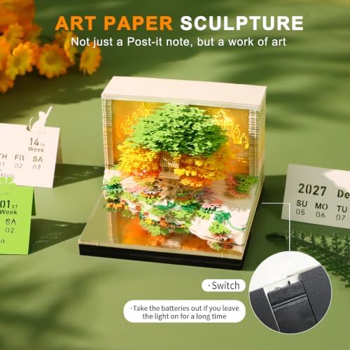 3D Desk Time Piece Calendar 2027 - Tear-Away 3D Paper Art Notepad with LED, Creative 3D Memo Pad Calendars, DIY Art Carving Gift for Office & Home (Flower Sea Tree Island - Green) - Image 3