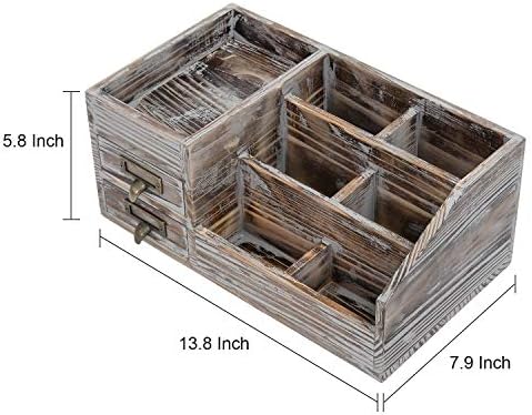 Liry Products Rustic Torched Wooden Desktop Organizer Dark Brown Tabletop Storage Cabinet Stepped Rack Multiple Compartments 2 Tier Drawers Makeup Accessory Sorter Display Box Home Office Supplies - Image 4