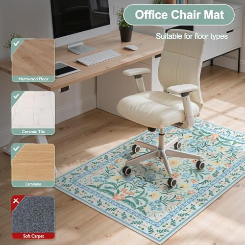 Anidaroel 36"x48" Office Chair Mat for Hardwood Floor/Tile, Anti-Slip Boho Desk Mat for Chairs, Tea Green Office Floor Mat, Low Pile Floor Protector for Rolling Chair, Floral Under Desk Rug - Image 5