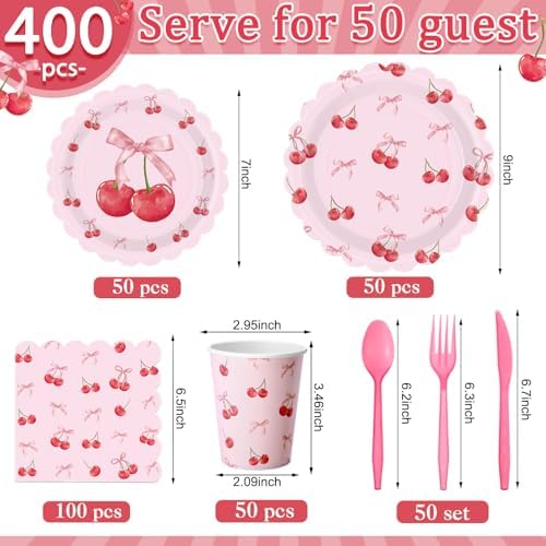 400 Pcs Cherry Birthday Party Decorations for 50 Guests, Red Pink Cherry Bow Scalloped Paper Plates Napkins Cups Cutlery for Pink Bow Coquette Baby Shower Bridal Shower Party Supply - Image 2