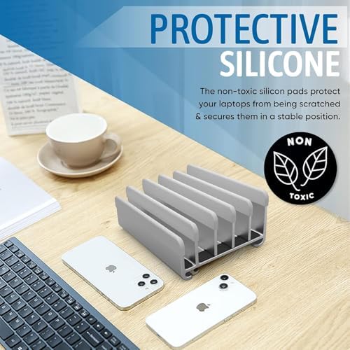 Elestoria 5- Slot Vertical Laptop Stand - Aluminum Laptop Stand Vertical for Desk - Adjustable Width (12-38mm) Fits MacBook Pro/Air, Surface & Gaming Laptops Upto 17.3 (Grey) - Image 6