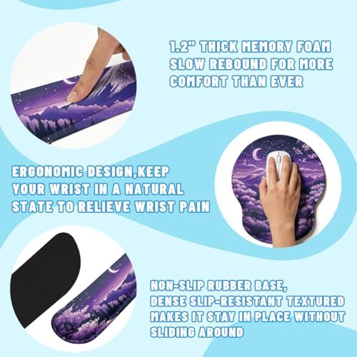 Cherry Blossoms Desk Mat Set Mount Fuji Purple Sky Mouse Pad with Wrist Rest 4in1 Desk Mat for Desktop Ergonomic Keyboard Wrist Support Anti-Slip Computer Ergonomic Mouse Pad Home Office Gaming - Image 3