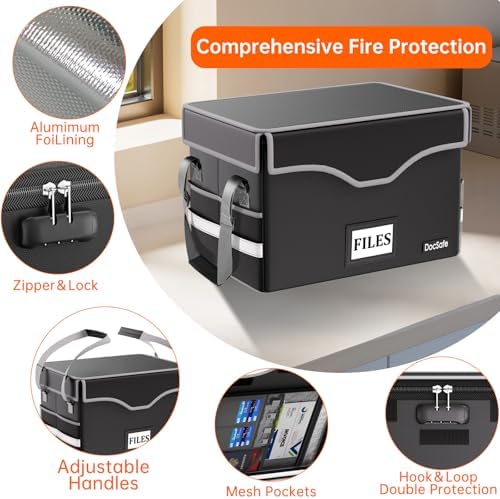 DocSafe 5200°F Fireproof Document Box with Lock,Heat Insulated File Organizer Storage with Pockets,Collapsible Portable Home Office File Safe Box with Handle for Hanging Letter/Legal Folders, Black - Image 4