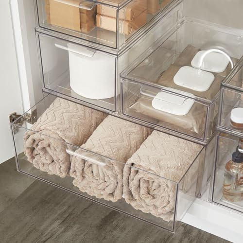 mDesign Plastic Stackable Bathroom Storage Organizer Bin Containers with Front Pull Drawer for Bathroom Countertop, Vanity, Closet Shelves - Holder for Beauty Accessories - Lumiere Collection - Clear - Image 5