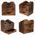 PAG-Mass Wood Desktop File Holder Organizer Mail Sorter with Drawer, for File Folders, Mails, Envelopes, Mailing Supplies or Magazines, 6 Compartments, Antique Brown - Image 2