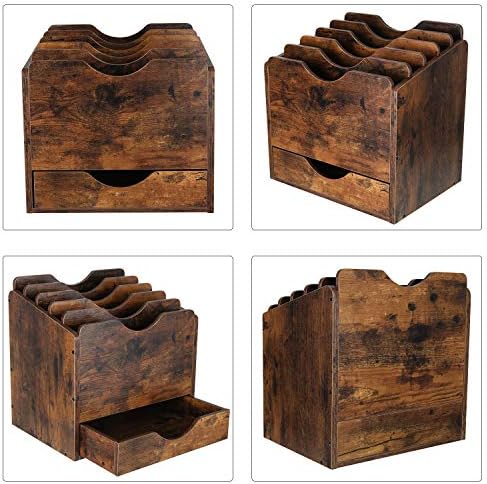 PAG-Mass Wood Desktop File Holder Organizer Mail Sorter with Drawer, for File Folders, Mails, Envelopes, Mailing Supplies or Magazines, 6 Compartments, Antique Brown - Image 2
