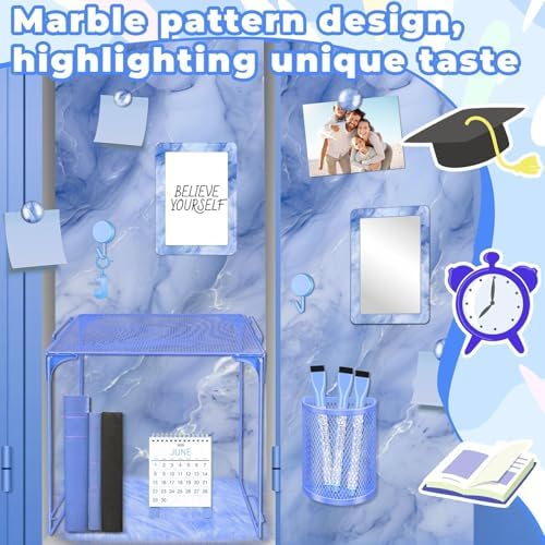 Demonwer Blue Locker Accessories Kit Locker Organizer Magnetic Mirror Whiteboard Pen Holder Small Carpet for Storage Organizing Shelf Back to School Party Supply - Image 6
