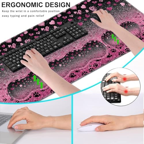 Keyboard Wrist Rest and Mouse Pad with Wrist Support Set Ergonomic Coaster,Memory Foam,Easy Typing Pain Relief,Large XL Desk Mat 31.5"x 11.8",Glitter Hearts and Paw Prints - Image 5