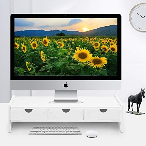 valen Monitor Stand Riser, Computer Laptop Riser Shelf with 3 Organizer Drawers (White, 19.5" L x 7.5" W x 4.7" H) (White) - Image 4