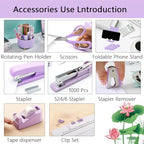 Office Supplies,Purple Desk Accessories,Desk Organizer,Stapler,Tape Dispenser,Folding Phone Stand,Scissors,Notebook,Staple Remover,Staples,Clear Tape,Sticky Notes,Clips,Cool Pen,Bookmark,Ect.22pcs - Image 3