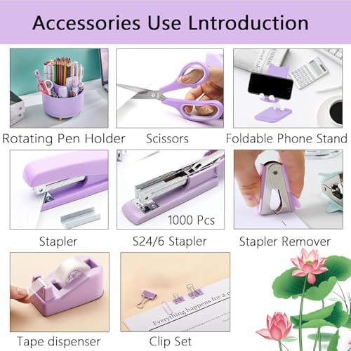 Office Supplies,Purple Desk Accessories,Desk Organizer,Stapler,Tape Dispenser,Folding Phone Stand,Scissors,Notebook,Staple Remover,Staples,Clear Tape,Sticky Notes,Clips,Cool Pen,Bookmark,Ect.22pcs - Image 3