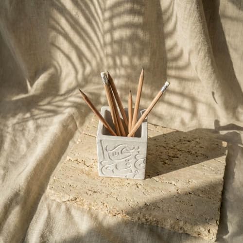 Stone Cast Arabic Calligraphy Pen Organizer - Artistic Mixed Letter Design Pencil Cup Holder - 3.5 x 3.5 x 4.7 inches Desktop Stationery Cup - Unique Decorative Office Decor for Home & Studio - Image 4