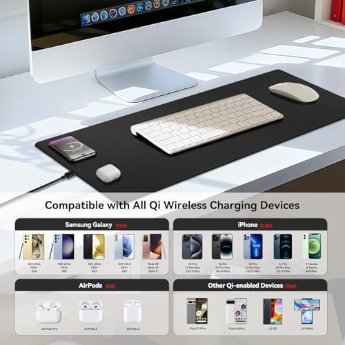 Wireless Charging Mouse Pad, 15W Fast Charge Magnetic Charger Desk Pad, Large Office Desk Mat (31.5"x11.8") with Ultra-Smooth Surface, Black Computer Mousepad for MacBook, PC, Laptop - Image 6