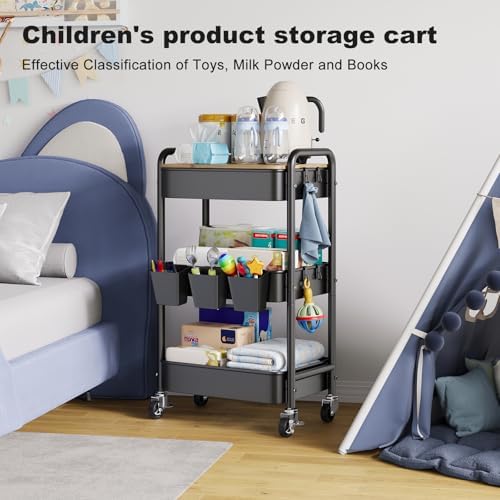 3 Tier Storage Rolling Cart with Wood Table Top on Lockable Wheels（Black） - Image 6