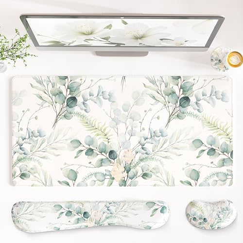 QiyI PU Leather Desk Mat Set, 4-in-1 Ergonomic Wrist Rest, Eucalyptus Leaf by QIYI