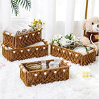 Vesici 4 Pcs Rustic Brown Macrame Storage Basket for Shelves 13 in 11 in Boho Basket Hand Woven Boxes with Wood Handles Beads Decorative Countertop Toilet Tank Cabinet Organizer for Home Room Decor - Image 6