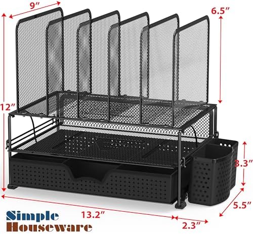 Simple Houseware Desk File Organizer for Office Supplies w/Drawer, Black - Image 2