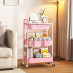 KINGRACK 3 Tier Metal Rolling Cart with Drawer, Pink Utility Storage Cart - Image 2