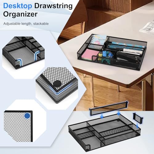 Desk Drawer Organizer, 2 Pack Junk Drawer Organizer Tray with 2 Adjustable Compartments, Desktop Metal Mesh Office Desk Organizer, Multifunction Pen Organizer Set for Office School Makeup Supplies (2) - Image 3
