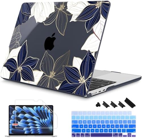 Mektron for 2026/2025/2024/2023 MacBook Air 15 INCH M5 A3448 /M4 A3241 /M3 A3114 /M2 A2941 Case, Printed Plastic Hard Shell Cover with 15.3" Liquid Retina Display Touch ID, Gold line Lily by Mektron