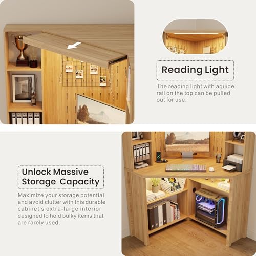 Corner Computer Desk with Hutch & Shelves and LED Reading Lights, Natural - Image 6