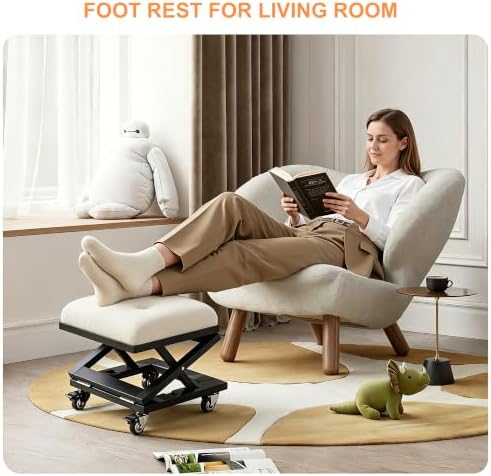 VECELO Foot Rest Under Desk at Work, Height Adjustable Rolling Foot Stool Set of 2 with Wheels, Cushioned Seat for Living Room, Bedroom, Home Office, Beige - Image 6