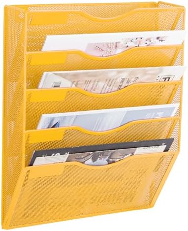 EASEPRES 5 Pocket Mesh Hanging Wall File Organizer, Wall Mounted Mail Paper Document Folder Holder, Clipboard Storage Organization Magazine Rack with Nametag Label for Office Home School, Yellow by EASEPRES