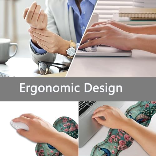 Large Gaming Mouse Pad + Keyboard Wrist Rest + Wrist Support + Coaster Set, Memory Foam Ergonomic for Easy Typing, XXL Extended Gaming Mouse Pad Table Pad - Peacock - Image 5