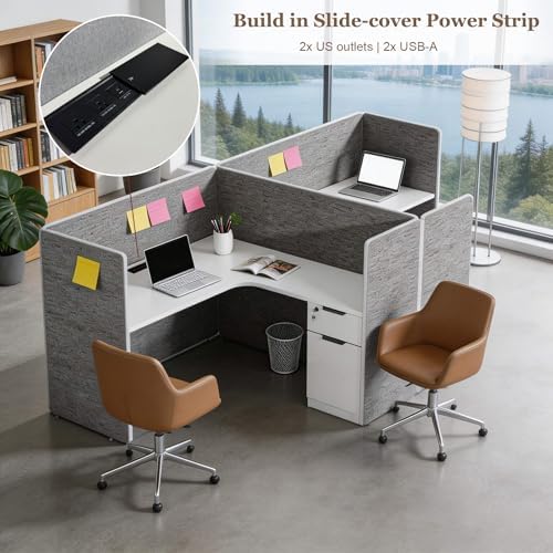 SAINTCY 2 Person Office Cubicles Workstations, Modular L Shaped Workstation with Power Outlets & Lockable Drawer Storage Cabinet, Computer Desk for Home Office - Image 4