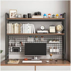 Desktop Hutch Bookshelf, 2-Tier Metal Desk Shelf with Grid Panel, Wooden Desktop Display Rack for Computer Monitor, Countertop Storage Organizer for Office Home Dorm (Black) by W+WWEENUO