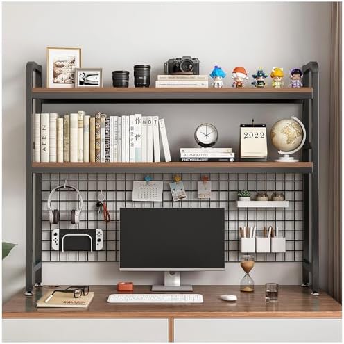 Desktop Hutch Bookshelf, 2-Tier Metal Desk Shelf with Grid Panel, Wooden Desktop Display Rack for Computer Monitor, Countertop Storage Organizer for Office Home Dorm (Black) by W+WWEENUO