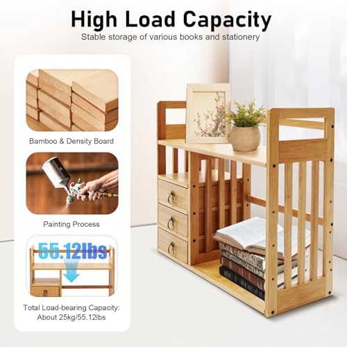 Bamboo Desktop Bookshelf, Desktop Bookshelf Organizer with 3 Drawers Desk Shelf Desktop Hutch Desk Bookshelf Desk Organizer Shelf Cute Small Desk Display Cubby Top for Home Office Bedroom - Image 4