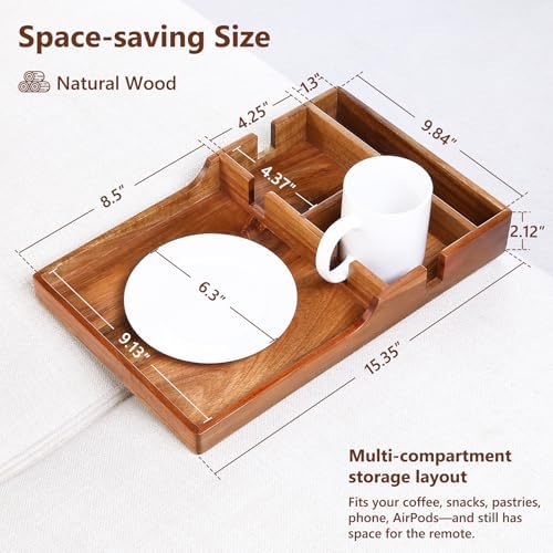 Couch Insert Tray for Middle Seat, Acacia Wood Couch Table with 2 Cup Holders, Fits Armless Sofa & Sectionals, Fold-Flat Tray for Drinks, Snacks & Remotes - Image 2