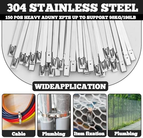 157PCS Heavy Duty 304 Stainless Steel Cable Tie Gun Kit, Includes 150PCS Metal Zip Ties(3 Sizes), Self-Locking, UV & Corrosion Resistant, for Fence, Exhaust Pipe, Chicken Coop, Farm Use - Image 3