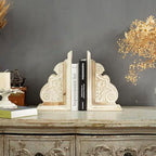 SOFE 1 Pair Rustic Handmade Distressed White Wood Bookends, Carved Pattern - Image 4