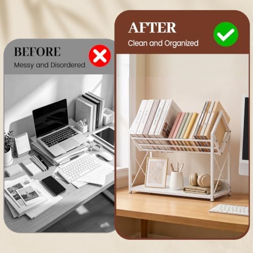 Desktop Bookshelf Organizer, 2 Tier Wood Desk Shelf for Tabletop Storage, Small Desktop Shelf for Office Home Dorm, Table Shelf Book Rack for Books/Supplies/Decor Display (White) - Image 5