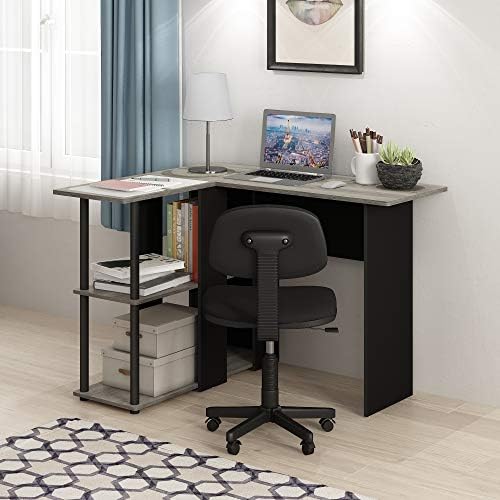 Furinno Abbott L-Shape Computer Desk with Bookshelf, French Oak Grey/Black - Image 4