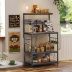 SUPERJARE Bakers Rack with Power Outlets, Microwave Stand, 31.5 X 16.5 Inch Larger Desktop, Kitchen Storage Rack with Adjustable Middle Shelf, 6 S-Shaped Hooks, Coffee Bar Stand, Grey - Image 6