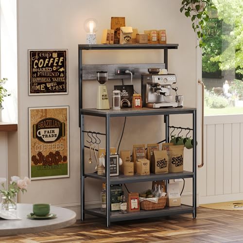 SUPERJARE Bakers Rack with Power Outlets, Microwave Stand, 31.5 X 16.5 Inch Larger Desktop, Kitchen Storage Rack with Adjustable Middle Shelf, 6 S-Shaped Hooks, Coffee Bar Stand, Grey - Image 6