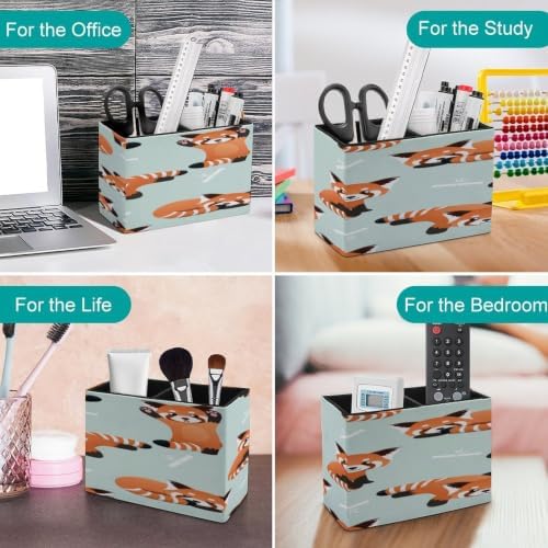 PU Leather Multi-Compartment Pen Holder Desktop Organizer Pencil Cup Storage Caddy for Office Home Supplies Happy Cute Red Panda Bamboo Asia Bear Art - Image 4