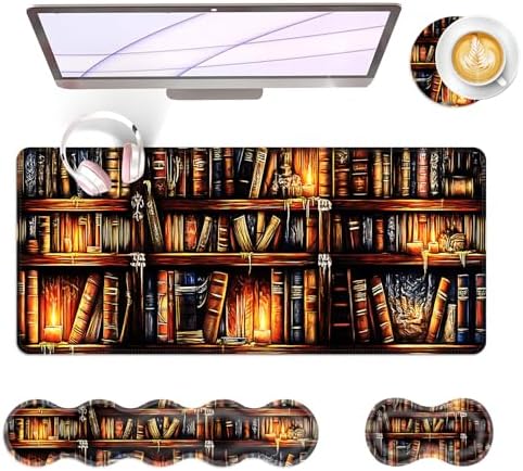 Large Keyboard Mouse Pad Set, Extended Mouse Pad+Keyboard Wrist Rest Support, Memory Foam Ergonomic Easy Typing, 4Pcs (31.5×11.8 in) Desk Pad Set for Office Home,Vintage Bookshelf by Unknown
