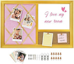 3-1 Memo Bulletin Board Combo,16’’x24’’,Gold Frame Pink Linen Ribbon Photo Board, Magnetic Whiteboard & Corkboard, for Office, Home, Bedroom,School,Dorm Wall Decor by Marribol